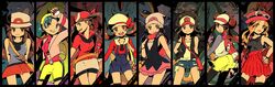  6+girls :d animal_ear_fluff bag bandana baseball_cap beanie bike_shorts blastoise blaziken blonde_hair blue_eyes blue_hair bow bracelet brown_eyes brown_hair cabbie_hat commentary_request dawn_(pokemon) delphox denim denim_shorts double_bun empoleon eyewear_on_head feraligatr green_eyes green_hair hair_bun hair_ornament hairclip handbag hat hat_bow high_ponytail highres hilda_(pokemon) holding holding_poke_ball jewelry kris_(pokemon) leaf_(pokemon) long_hair looking_at_viewer lyra_(pokemon) may_(pokemon) meganium miniskirt mizuto_(o96ap) multiple_girls open_mouth overalls pleated_skirt poke_ball pokemon pokemon_(creature) pokemon_bw pokemon_bw2 pokemon_dppt pokemon_frlg pokemon_gsc pokemon_hgss pokemon_rse pokemon_xy porkpie_hat purple_eyes rosa_(pokemon) serena_(pokemon) serperior shorts skirt smile sunglasses thighhighs twintails vest wristband 