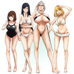  adjusting_glasses barefoot bikini bikini_skirt black_bikini black_hair black_swimsuit blonde_hair bra breasts brown_hair cleavage feet glasses hand_on_hip huge_breasts kangoku_gakuen kurihara_chiyo_(prison_school) kurihara_mari_(kangoku) kurihara_mari_(prison_school) large_breasts legs_crossed lineup long_hair looking_at_viewer micro_bikini midorikawa_hana multiple_girls navel official_art one-piece_swimsuit open_mouth panties prison_school shiraki_meiko short_hair side-tie_bikini simple_background sling_bikini smile standing swimsuit thong underwear white_bikini white_bra white_hair white_panties white_swimsuit 