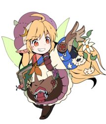  ahoge alternate_costume bad_id bad_pixiv_id blonde_hair book brown_gloves buna_shimeji_(keymush) clownpiece commentary_request cosplay crescent duplicate fairy_wings female flat_color flower gloves grin herbalist_(sekaiju) herbalist_(sekaiju)_(cosplay) long_hair long_sleeves pixel-perfect_duplicate pointy_ears red_eyes sekaiju_no_meikyuu sekaiju_no_meikyuu_5 simple_background smile solo touhou white_background wide_sleeves wings 