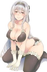  absurdres all_fours bad_id bad_twitter_id bikini black_bikini black_thighhighs blush breasts brown_eyes cleavage collarbone female frilled_bikini frilled_gloves frilled_thighhighs frills gloves grey_hair hairband highres kantai_collection large_breasts long_hair looking_at_viewer navel shoukaku_(kancolle) simple_background sitting smile solo suisen_toire_(moko924) swimsuit thighhighs wariza white_background white_gloves 