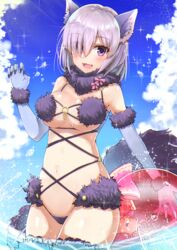  animal_ears bad_id bad_pixiv_id ball bare_shoulders beachball blue_sky blush bow breasts claws cloud cloudy_sky commentary_request costume day detached_collar elbow_gloves eyes_visible_through_hair fate/grand_order fate_(series) female fur-trimmed_gloves fur-trimmed_legwear fur_collar fur_trim gloves hair_over_one_eye highres hip_focus large_breasts looking_at_viewer mash_kyrielight mash_kyrielight_(dangerous_beast) navel nayuhi_(yukimuu14) o-ring oerba_yun_fang official_alternate_costume open_mouth panties pink_bow purple_eyes purple_gloves purple_hair purple_panties purple_tail revealing_clothes short_hair sky smile solo sparkle tail thighhighs thighs underwear water water_drop wet wolf_ears wolf_tail 