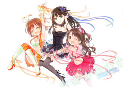  3girls ;d amattle arm_up armpits black_dress black_gothic_dress_(idolmaster) black_thighhighs blue_ribbon boots bow breasts brown_eyes brown_hair choker cleavage closed_eyes collarbone commentary_request copyright_name crop_top dress floating_hair flower full_body garter_straps green_eyes hair_flower hair_ornament hairband hairbow hand_in_own_hair high_heels honda_mio idolmaster idolmaster_cinderella_girls jewelry knee_boots layered_dress layered_skirt leg_up long_hair looking_at_viewer medium_breasts midriff miniskirt multiple_girls navel necklace new_generations_(idolmaster) one_eye_closed one_side_up open_mouth orange_ribbon orange_skirt orange_thighhighs pink_check_school_(idolmaster) purple_flower red_bow red_ribbon red_skirt ribbon shibuya_rin shimamura_uzuki short_dress short_hair simple_background skirt small_breasts smile star_(symbol) star_necklace stomach strapless strapless_dress striped_clothes striped_thighhighs sunset_nostalgie_(idolmaster) thighhighs transparent v white_background white_footwear white_hairband zettai_ryouiki 