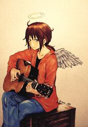  acoustic_guitar angel angel_wings box brown_eyes brown_hair commentary crossed_legs denim feathered_wings female guitar haibane_renmei halo hood hoodie instrument jeans messy_hair music pants photo_(medium) playing_instrument rakka_(haibane) short_hair sitting solo static_cling traditional_media twitter_username wings wooden_box yasu_(shijimi_8) 