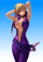  anlucea arms_up blonde_hair breasts center_opening cleavage collar commentary_request dragon_quest dragon_quest_x female highres huge_breasts innerboob long_hair looking_at_viewer oerba_yun_fang one_eye_closed ponytail rapier red_eyes smile solo sword taru_neko weapon 