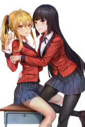  2girls arm_around_waist black_hair black_legwear black_skirt blazer blonde_hair blunt_bangs breasts brown_footwear collared_shirt commentary_request desk feet_out_of_frame hair_between_eyes hair_ribbon hand_up highres hime_cut hyakkaou_academy_school_uniform jabami_yumeko jacket kakegurui large_breasts leg_between_thighs light_frown light_smile loafers long_hair long_sleeves looking_at_another looking_at_viewer multiple_girls neck_ribbon on_desk pantyhose photoshop_(medium) pleated_skirt red_eyes red_jacket ribbon saotome_mary sawamaharu school_uniform shirt shoes simple_background sitting skirt twintails white_background white_shirt yellow_eyes yuri 