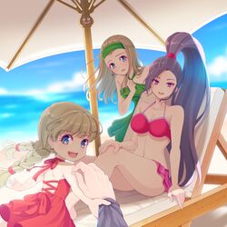  1boy 3girls :d bare_arms bare_shoulders beach beach_umbrella bikini bikini_skirt blonde_hair blue_eyes blue_sky braid breasts cloud collarbone commentary_request day dragon_quest dragon_quest_xi dress earrings fujimura_hinami green_dress green_hairband hairband halterneck hand_on_own_knee hero_(dq11) high_ponytail highres jewelry large_breasts long_hair looking_at_viewer martina_(dq11) midriff multiple_girls navel ocean open_mouth outdoors pink_bikini planted planted_umbrella pov pov_hands purple_eyes purple_hair red_dress senya_(dq11) siblings sisters sitting sky smile straight_hair swimsuit teeth tongue twin_braids umbrella veronica_(dq11) very_long_hair water white_umbrella 