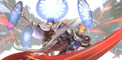  2boys absurdres armor axe battle blue_hair cape commentary_request crusty_(log_horizon) glasses highres log_horizon mosang multiple_boys red_eyes shiroe_(log_horizon) short_hair staff weapon 