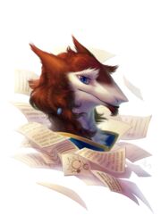  abstract_background black_lips blue_eyes brown_body brown_fur bust_portrait clothed clothing curls faellin fur hi_res lips male paper portrait sergal simple_background solo white_background 