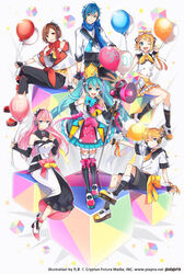  2boys 39 4girls aqua_hair arm_warmers artist_name balloon blonde_hair blue_hair bow bowtie brown_hair colorful commentary_request cube fingerless_gloves frilled_skirt frills gloves grin hairbow hatsune_miku headphones kagamine_len kagamine_rin kaito_(vocaloid) long_hair magical_mirai_(vocaloid) magical_mirai_kaito magical_mirai_kaito_(2018) magical_mirai_len magical_mirai_len_(2018) magical_mirai_luka magical_mirai_luka_(2018) magical_mirai_meiko magical_mirai_meiko_(2018) magical_mirai_miku magical_mirai_miku_(2018) magical_mirai_rin magical_mirai_rin_(2018) megaphone megurine_luka meiko_(vocaloid) multiple_boys multiple_girls official_art one_eye_closed pink_hair short_hair sitting skirt smile tama_(songe) twintails vocaloid watermark 