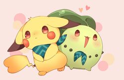  :3 :| bad_id bad_pixiv_id blush chikorita circle closed_mouth clothed_pokemon full_body heart hiro_(14806390) looking_at_viewer no_humans own_hands_together pikachu pink_background pokemon pokemon_(creature) pokemon_mystery_dungeon pokemon_super_mystery_dungeon red_eyes scarf v_arms 