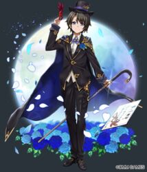  1boy black_cape black_hair black_hat black_pants black_suit blue_eyes blue_flower blue_footwear blue_neckwear blue_rose cane cape collared_shirt commentary_request corsage floral_print flower formal full_body full_moon grey_background hat hellnyaa holding holding_mask long_sleeves male_focus mask mikoto_(x-overd) moon official_art pants petals rose shirt shoes smile solo sparkle standing suit top_hat white_shirt x-overd 