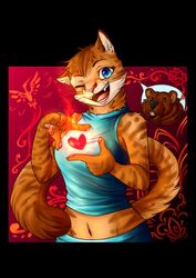  anthro blue_eyes clothed clothing domestic_cat fangs felid feline felis female fujiokaaika heart_symbol hi_res looking_at_viewer mammal one_eye_closed open_mouth pawpads solo teeth wink 