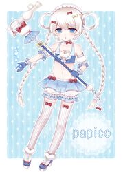  bad_id bad_pixiv_id blue_eyes braid female gloves highres long_hair midriff original solo thighhighs tsukikage_nemu twin_braids twintails white_hair 