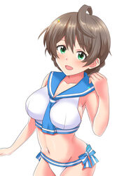  ahoge bikini blue_bow blue_neckerchief blue_sailor_collar blush bow braid breasts brown_hair commentary_request female green_eyes hand_up hip_focus idolmaster idolmaster_million_live! large_breasts looking_at_viewer momoda_yasuhito navel neckerchief open_mouth sailor_bikini sailor_collar sailor_swimsuit_(idolmaster) sakuramori_kaori side_braid sideboob simple_background smile solo swept_bangs swimsuit white_background white_bikini 