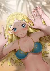  bad_hands bare_shoulders beach bikini blonde_hair blue_eyes blush braid breasts breasts_apart commentary_request day female hair_ornament hairclip highres long_hair looking_at_viewer lying medium_breasts nervous on_back out_of_frame parted_bangs pointy_ears pov pov_hands princess_zelda pushing_down solo_focus sweat sweatdrop swimsuit the_legend_of_zelda the_legend_of_zelda:_breath_of_the_wild wasabi_(legemd) 