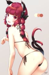  :d animal_ears ass bad_id bad_pixiv_id bare_shoulders bikini black_bikini black_bow blush bow braid cat_ears cat_tail commentary_request cowboy_shot female from_behind hairbow highres kaenbyou_rin long_hair looking_at_viewer looking_back maremay0513 multiple_tails oerba_yun_fang open_mouth paw_pose red_eyes red_hair smile solo string_bikini swimsuit tail touhou twin_braids twintails two_tails 