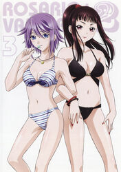  2girls bikini blue_eyes bracelet breasts brown_hair candy closed_mouth copyright_name cover dvd_cover food highres jewelry lipstick lollipop long_hair makeup medium_breasts midriff multiple_girls nail_polish navel official_art parted_lips pendant photoshop_(medium) ponytail purple_hair red_eyes red_lips red_nails rosario+vampire shirayuki_mizore short_hair smile standing stomach swimsuit toujou_ruby 