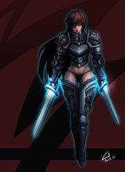  adapted_costume armor bikini_armor black_panties boots brown_eyes brown_hair commentary_request cross dated dual_wielding eyepatch female gauntlets genderswap_(mtf) grey_knight heresy holding l_axe long_hair navel panties pauldrons photoshop_(medium) power_armor power_sword purity_seal rule_63 shoulder_armor signature skindentation solo sword thigh_boots thighhighs thong underwear warhammer_40k weapon 