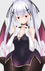  bat_wings black_choker black_pantyhose black_ribbon blush breasts choker cleavage collarbone commentary_request demon_girl doyachii elbow_gloves eyes_visible_through_hair female fine_fabric_emphasis gloves grey_background grey_hair hair_ornament hair_ribbon highres large_breasts long_hair looking_at_viewer original pantyhose red_eyes ribbon simple_background sitting smile solo thick_thighs thighs twintails white_gloves wide_hips wings 