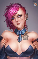  badcompzero blue_eyes breasts earring female gradient gradient_background league_of_legends nose_ring pink_hair solo tattoo ties vi 