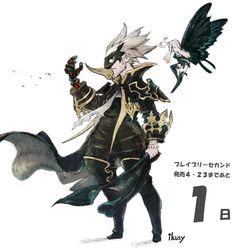  1boy anne_(bravely_second) antenna_hair arm_up beard black_coat black_gloves black_legwear black_leotard black_pants boots bravely_default_(series) bravely_second:_end_layer coat commentary_request denys_geneolgia elbow_gloves facial_hair fairy fairy_wings female full_body gloves grey_hair ikusy leotard long_hair mask mechanical_arms mini_person minigirl official_art pants pointy_ears short_hair simple_background single_mechanical_arm thigh_boots thighhighs white_background white_hair wings 