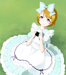  alice_(wonderland) alice_(wonderland)_(cosplay) artist_request birthday bow bowtie brown_hair cosplay dress female food hair_ribbon happy_birthday highres holding koizumi_hanayo looking_at_viewer love_live! love_live!_school_idol_festival love_live!_school_idol_project purple_eyes ribbon short_hair smile solo 