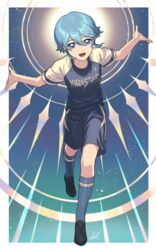  1boy angel_wings blue_eyes blue_hair commentary_request dolustoy full_body hair_between_eyes highres inazuma_eleven_(series) inazuma_eleven_ares_no_tenbin looking_at_viewer male_focus open_mouth saotome_seiya shorts smile soccer_uniform solo sportswear wings 