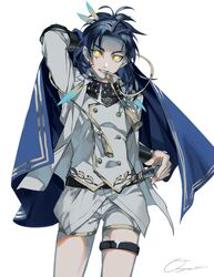  1boy armor blue_hair cape commentary_request cowboy_shot feather_hair_ornament feathers glowing glowing_eyes grin hair_ornament japanese_armor male_focus mouth_hold otani_(gloria) shorts smile solo taikogane_sadamune tassel touken_ranbu waistcoat yellow_eyes 