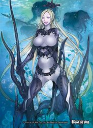  ad_yamada air_bubble blonde_hair bodysuit boots bubble commentary_request copyright_name female force_of_will gloves long_hair official_art open_mouth pointy_ears polearm purple_eyes solo spear submerged sword teeth tongue tongue_out underwater valentina_(force_of_will) weapon 