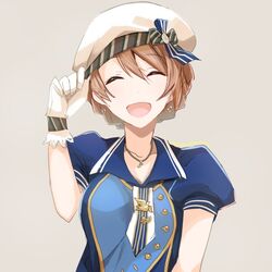  adjusting_clothes adjusting_headwear beamed_eighth_notes beret blue_shirt braid brooch buttons closed_eyes commentary_request earrings eighth_note female gloves hat idolmaster idolmaster_million_live! jewelry light_brown_hair mudo_(saji) musical_note musical_note_earrings musical_note_necklace necklace necktie open_mouth puffy_short_sleeves puffy_sleeves ribbon sakuramori_kaori shirt short_sleeves side_braid simple_background smile solo swept_bangs upper_body white_gloves white_hat 