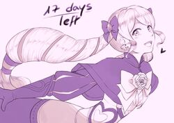  armor blush bow commentary countdown dress drill_hair earrings elise_(fire_emblem_if) female fire_emblem fire_emblem_if flower gloves hair_ornament hair_ribbon hairbow heart jewelry lithety long_hair looking_at_viewer monochrome open_mouth ribbon rose smile solo teeth text twin_drills twintails very_long_hair 