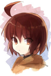  ahoge bad_id bad_pixiv_id banned_artist brown_eyes brown_hair face linne short_hair solo under_night_in-birth yusano 