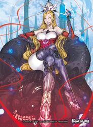  ad_yamada blonde_hair boots bracelet breasts commentary_request copyright_name covered_nipples crown earrings female force_of_will full_body gloves high_heel_boots high_heels jewelry large_breasts long_hair official_art open_mouth sitting solo teeth valentina_(force_of_will) yellow_eyes 