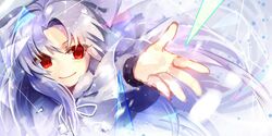  banned_artist blush bow capelet hairbow long_hair melty_blood outstretched_hand red_eyes smile solo tsukihime white_hair white_len yusano 