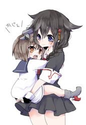  2girls black_hair blue_eyes braid brown_eyes brown_hair carrying commentary_request dress edo. eyebrows hair_ornament hairclip horns kantai_collection long_hair multiple_girls open_mouth sailor_dress shigure_(kancolle) short_hair single_braid skirt smile translated white_dress yukikaze_(kancolle) 