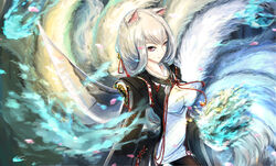  animal_ears foxgirl katana kikivi multiple_tails original red_eyes sword tail weapon white_hair 