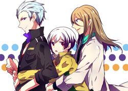  3boys blue_hair brown_hair hug hug_from_behind idolmaster idolmaster_side-m kitamura_sora koron_chris kuzunoha_amehiko lab_coat legenders_(idolmaster) long_hair male_focus multicolored_hair multiple_boys nemurakko protected_link two-tone_hair 