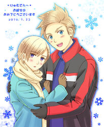  2boys ahoge axis_powers_hetalia blonde_hair blue_eyes blush coat commentary_request denmark_(hetalia) gloves male_focus mochipurin multiple_boys norway_(hetalia) open_mouth purple_eyes scarf smile 