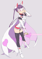  beam_saber belt belukuel black_buruma black_thighhighs boots buruma cape commentary_request female grey_background hair_ornament heart highres komadori_renge long_hair long_sleeves mask open_mouth purple_hair ribbon-trimmed_legwear ribbon-trimmed_sleeves ribbon_trim sekai_seifuku:_bouryaku_no_zvezda solo thighhighs twintails very_long_hair white_robin 