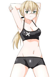  absurdres armpits bike_shorts blonde_hair blush breasts cleavage commentary_request female green_eyes groin hanna_rudel highres hiroshi_(hunter-of-kct) long_hair medium_breasts navel ponytail scar scar_on_face scar_on_nose smile sports_bra strike_witches:_suomus_misfits_squadron world_witches_series 