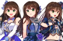  :d black_gloves blush breasts brown_hair cleavage commentary elbow_gloves eternal_bloom_(idolmaster) female fingerless_gloves gloves green_eyes highres holding holding_microphone idolmaster idolmaster_cinderella_girls idolmaster_cinderella_girls_starlight_stage kamille_(vcx68) large_breasts long_hair looking_at_viewer microphone navel open_mouth over_myself_(idolmaster) parted_lips shibuya_rin smile stage_of_magic_(idolmaster) teeth upper_body white_gloves 