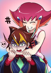  1boy blonde_hair blush brown_hair female green_eyes grin hug hug_from_behind kouzuki_allen kouzuki_anna multicolored_hair orange_hair red_hair short_hair tagme yellow_eyes yu-gi-oh! yuu-gi-ou_arc-v yuu-gi-ou_zexal 