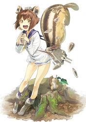  animal_ears boots brown_eyes brown_hair cannon commentary_request dress female food hair_ornament kantai_collection kemonomimi_mode large_tail nut_(food) open_mouth photoshop_(medium) sailor_dress shimotsuki_eight short_hair smile squirrel squirrel_ears squirrel_tail tail tree_stump yukikaze_(kancolle) 