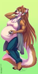  2017 aimee-lesley-sim anthro avoid_posting belly big_belly bottomwear brown_body brown_fur brown_hair canid canine canis cardigan closed_eyes clothing digitigrade ear_piercing electronics eyewear fangs female fluffy fluffy_tail fox fur glasses hair headphones hi_res hybrid jewelry long_tail mammal necklace pants piercing portable_music_player pregnant shirt simple_background sleeveless smile sweater tail teeth topwear torn_clothing white_body white_fur wolf xanderblaze 