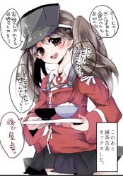  bowl brown_eyes brown_hair commentary_request edo. female kantai_collection looking_at_viewer open_mouth rice rice_bowl ryuujou_(kancolle) skirt smile solo translation_request tray twintails visor_cap 