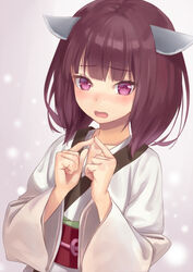  blush brown_hair commentary_request doonatsu. female fingers_together headgear index_fingers_together japanese_clothes kimono long_sleeves nose_blush obi open_mouth purple_eyes sash solo touhoku_kiritan voiceroid white_kimono wide_sleeves 