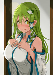  :q bare_shoulders blush breasts breath collarbone commentary_request detached_sleeves female frog_hair_ornament green_hair hair_between_eyes hair_ornament hair_tubes hands_on_own_chest highres kochiya_sanae large_breasts long_hair long_sleeves looking_at_viewer nose_blush opanchu_(hakusen) shirt sideboob single_sidelock sleeveless sleeveless_shirt smile snake_hair_ornament solo sweat tongue tongue_out touhou upper_body white_shirt wide_sleeves yellow_eyes 