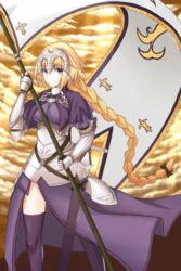  armor blonde_hair blue_eyes braid capelet commentary_request dress fate/apocrypha fate_(series) female flag headpiece highres jeanne_d&#039;arc_(fate) jeanne_d&#039;arc_(ruler)_(fate) long_hair single_braid solo thighhighs tnk_(p_freaks) 