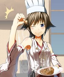  ;) bad_food bare_shoulders brown_hair chef_hat clenched_hand commentary_request curry detached_sleeves female fist_pump food hair_ornament hairclip hat hiei_(kancolle) highres iroia japanese_clothes kantai_collection one_eye_closed raised_fist ribbon-trimmed_sleeves ribbon_trim sarashi short_hair skull smile solo toque_blanche when_you_see_it 