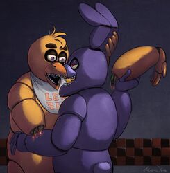  animatronic anthro atlas-white avian beak bib bird bonnie_(fnaf) chica_(fnaf) chicken duo feathers female five_nights_at_freddy&#039;s fur galliform gallus_(genus) inside lagomorph leporid machine male mammal phasianid purple_body purple_eyes purple_fur rabbit red_eyes robot scottgames simple_background sparks tile tile_wall wall_(structure) wire yellow_body yellow_feathers 